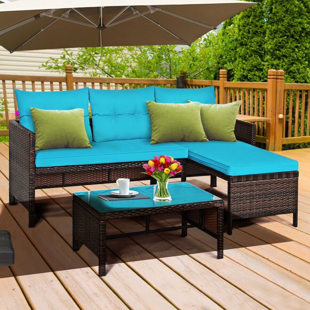 Outdoor sectional sofa  available for 3-4 friends comfortably with a glass table to hold food and drinks <br>Premium transparent tempered glass top  securely placed on the sturdy wicker table  more convenient to clean <br>L-shape design fits any corner of