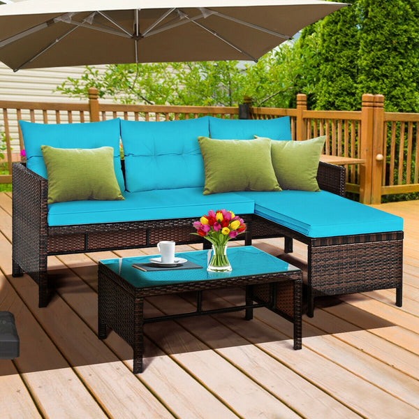 Outdoor sectional sofa  available for 3-4 friends comfortably with a glass table to hold food and drinks <br>Premium transparent tempered glass top  securely placed on the sturdy wicker table  more convenient to clean <br>L-shape design fits any corner of