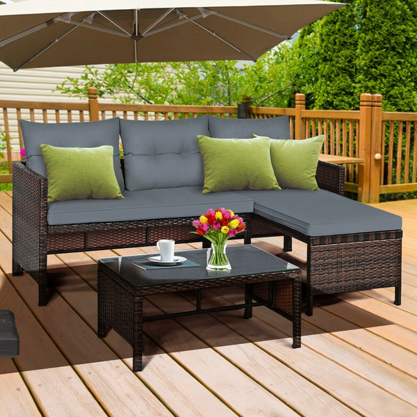 Outdoor sectional sofa  available for 3-4 friends comfortably with a glass table to hold food and drinks <br>Premium transparent tempered glass top  securely placed on the sturdy wicker table  more convenient to clean <br>L-shape design fits any corner of