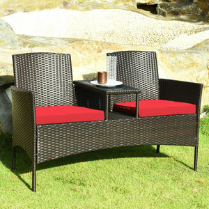 Made of high quality rattan with strong built-in frame structure<br>Poly table top is durable and safe to use<br>Trapezoid coffee table between two seats is practical<br>Cozy thick cushions double your comfy<br>The cushion cover with zipper is removable a