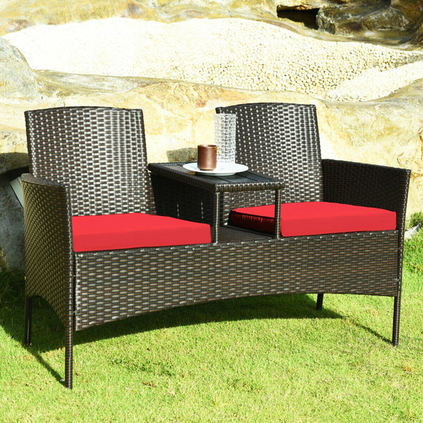 Made of high quality rattan with strong built-in frame structure<br>Poly table top is durable and safe to use<br>Trapezoid coffee table between two seats is practical<br>Cozy thick cushions double your comfy<br>The cushion cover with zipper is removable a