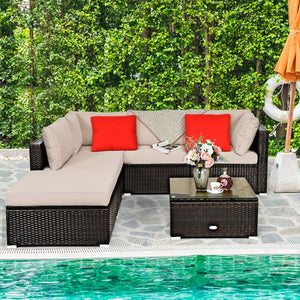 Package includes 2 Corner sofas 2 Armless sofas 1 Ottoman 1 Tempered glass table 5 Seat cushions 6 Back cushions and 1 User guide<br>Sturdy and solid steel frame ensures the sturdiness of the set<br>Tight and hand-woven rattan wraps the steel frame<br>Thi