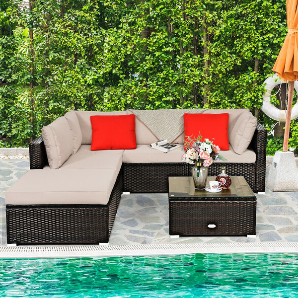 Package includes 2 Corner sofas 2 Armless sofas 1 Ottoman 1 Tempered glass table 5 Seat cushions 6 Back cushions and 1 User guide<br>Sturdy and solid steel frame ensures the sturdiness of the set<br>Tight and hand-woven rattan wraps the steel frame<br>Thi
