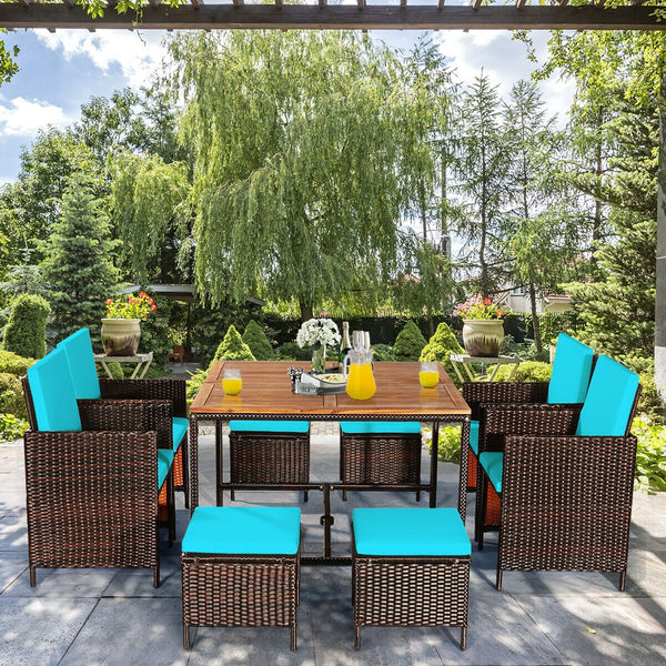 Made of PE wicker and sturdy steel frame ensuring weather resistance<br>Acacia wood tabletop makes sure the sturdiness and durability<br>Suitable for outdoor use with umbrella hole design<br>Cushioned seats with wide backrest bring you a comfortable exper