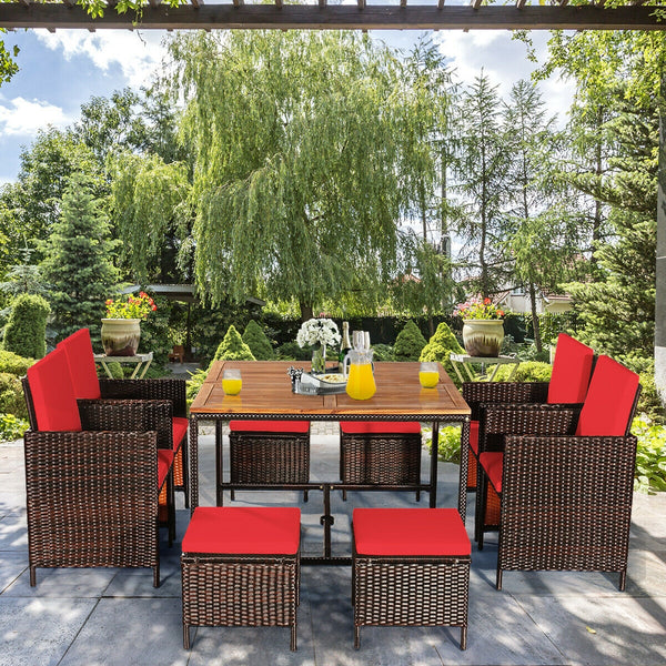 Made of PE wicker and sturdy steel frame ensuring weather resistance<br>Acacia wood tabletop makes sure the sturdiness and durability<br>Suitable for outdoor use with umbrella hole design<br>Cushioned seats with wide backrest bring you a comfortable exper