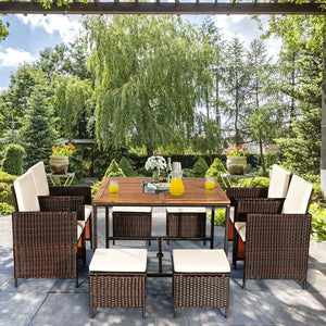 Made of PE wicker and sturdy steel frame ensuring weather resistance<br>Acacia wood tabletop makes sure the sturdiness and durability<br>Suitable for outdoor use with umbrella hole design<br>Cushioned seats with wide backrest bring you a comfortable exper