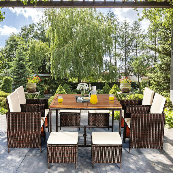 Made of PE wicker and sturdy steel frame ensuring weather resistance<br>Acacia wood tabletop makes sure the sturdiness and durability<br>Suitable for outdoor use with umbrella hole design<br>Cushioned seats with wide backrest bring you a comfortable exper