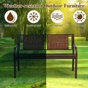 Enjoy your comfortable outdoor time with your friends or family members with this patio garden bench. Â  It is made of all weather PE rattan and powder coated steel frame  which ensure the durability and sturdiness for long servicing life. Meanwhile  the 