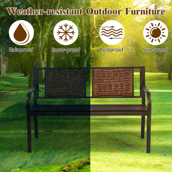 Enjoy your comfortable outdoor time with your friends or family members with this patio garden bench. Â  It is made of all weather PE rattan and powder coated steel frame  which ensure the durability and sturdiness for long servicing life. Meanwhile  the 