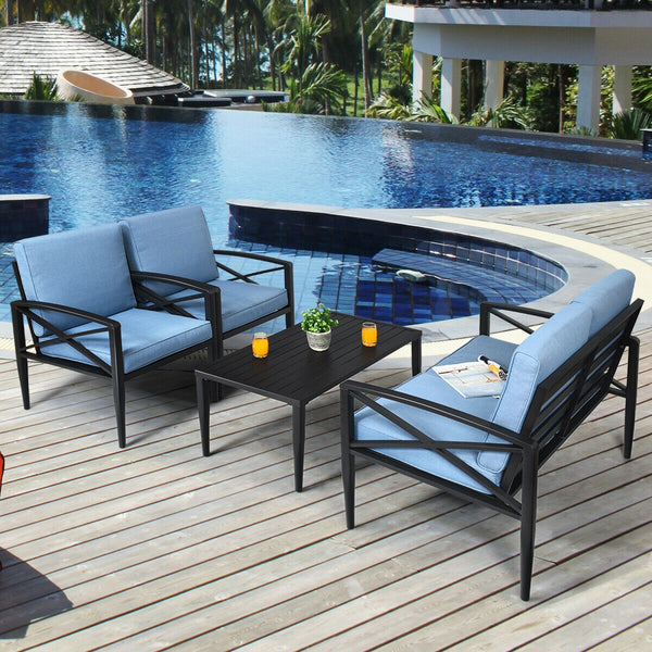 Have an intimate lounge time with this outdoor sofa set! Â  The patio sofa set is made up of 1 side table  2 single sofas and 1 loveseat with ample resting room. Each seat is cushioned with high density sponge covering with breathable and soft fabric. And