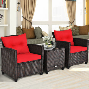 The strong and sturdy steel frame ensures the sturdiness of the set<br>Hand-woven rattan can withstand moderate rain or wind in outdoor<br>A wide armrest in suitable height is good for supporting and relaxing your arm<br>Thick and soft cushion with a high