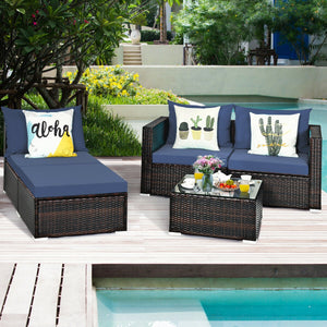 Package includes: 2 Corner chairs  1 Armless chair  1 Ottoman  1 Coffee table  4 Seat cushions  3 Back cushions  1 Instruction <br>Power-coated and solid steel frame adds sturdiness to the set <br>Tight and hand-woven rattan wraps the steel frame <br>Spac
