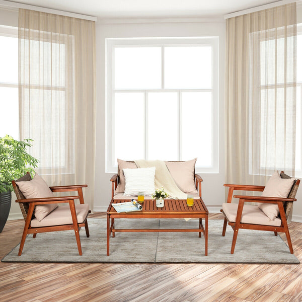 Including 2 x Single sofa  1 x Loveseat  1 x Coffee table  4 x Seat cushion  4 x Back cushion  1 x User guide<br>Hand-woven rattan is breathable and comfortable<br>Thick and soft cushions will provide you excellent comfort<br>Cover with the zipper of the 