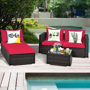 Package includes: 2 Corner chairs  1 Armless chair  1 Ottoman  1 Coffee table  4 Seat cushions  3 Back cushions  1 Instruction <br>Power-coated and solid steel frame adds sturdiness to the set <br>Tight and hand-woven rattan wraps the steel frame <br>Spac