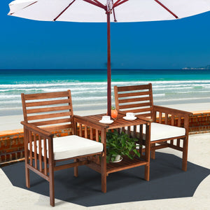 The functional loveseat brings color and pleasure to your outdoor space. Â  Made of premium acacia wood  this set has sturdy and durable construction. Paired with soft sponge cushions and high backrests  this conversation set provides upgraded comfort for