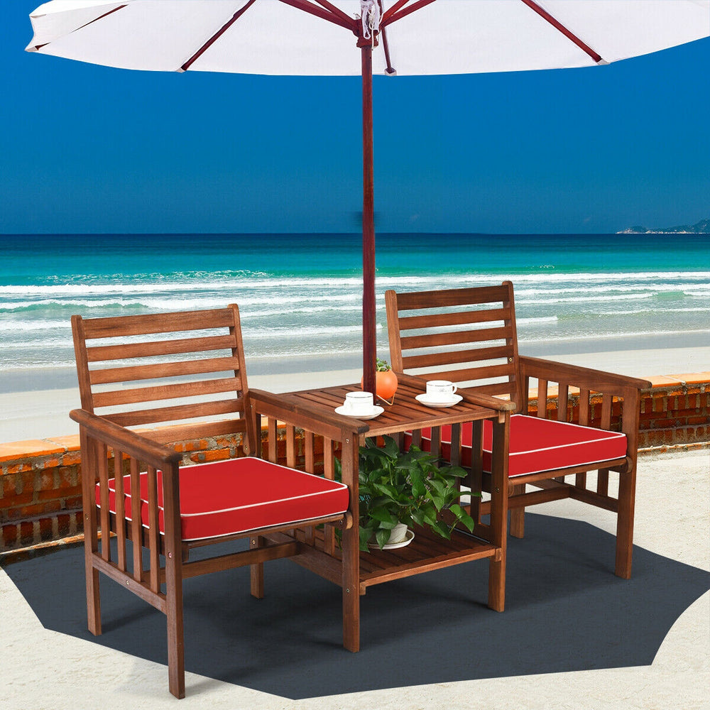 The functional loveseat brings color and pleasure to your outdoor space. Â  Made of premium acacia wood  this set has sturdy and durable construction. Paired with soft sponge cushions and high backrests  this conversation set provides upgraded comfort for
