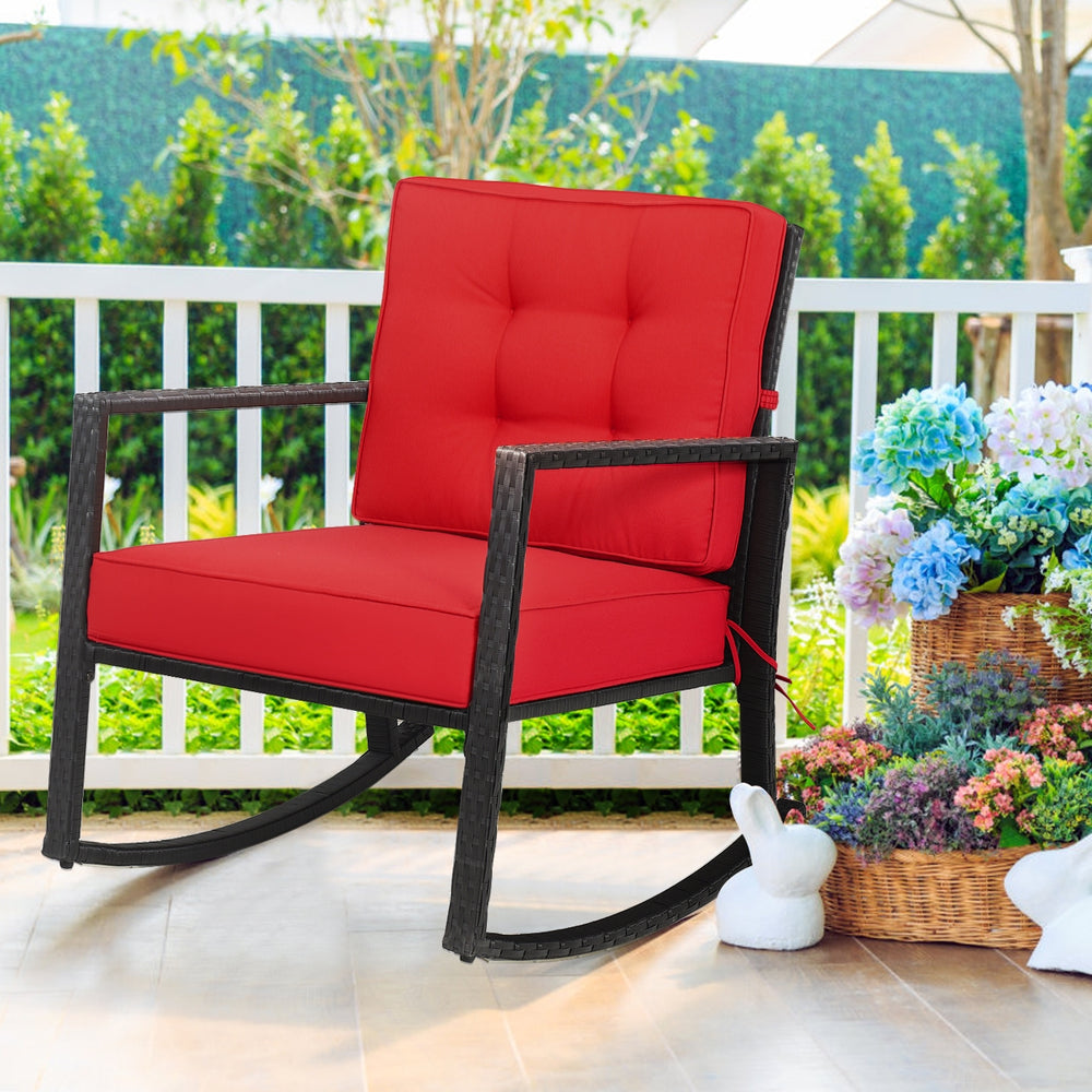 Sturdy and durable frame with exquisite rattan <br>Comfortable and safe rocking function <br>Thick and soft cushion for seat and back <br>Cushions are fixed by strings to prevent a move <br>Pads at the bottom can avoid sliding and protect rattan <br>Desig