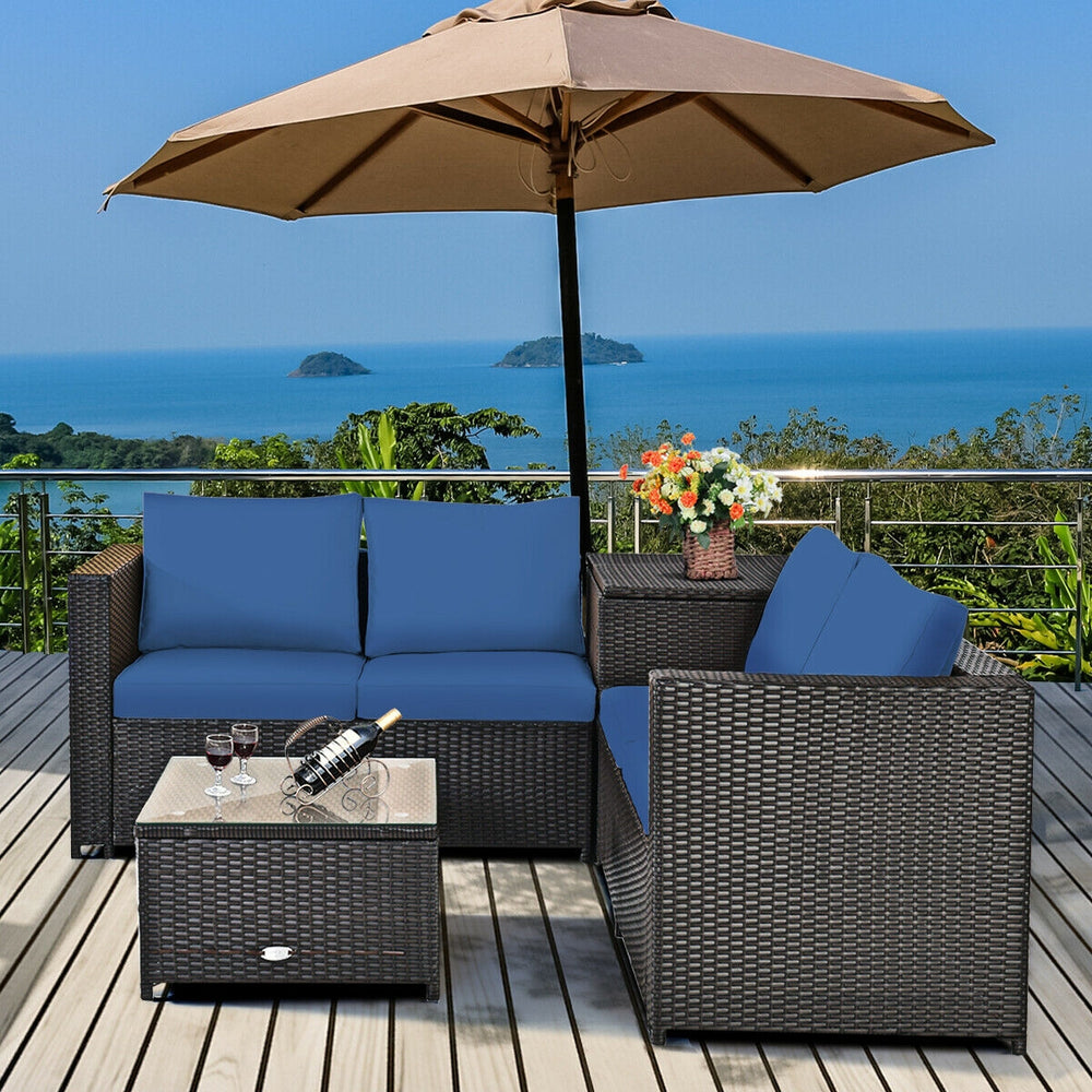 Made of rattan with good toughness and weather-resistant function<br>Reinforced steel frame with excellent stability<br>Padded seat and back cushions for soft and comfortable sitting feeling<br>Coffee table with tempered glass for strong supporting<br>End
