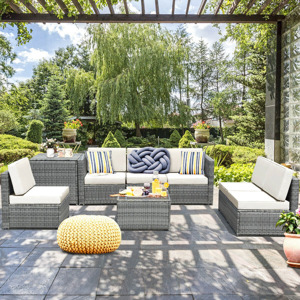 Including 6 sofas  1 storage box  1 coffee table  6 seat cushions and 6 back cushions <br>Sturdy iron frame and premium rattan for better durability <br>Large load-bearing capacity-- 360 lbs for each sofa and 110 lbs for coffee table <br>A storage box as 