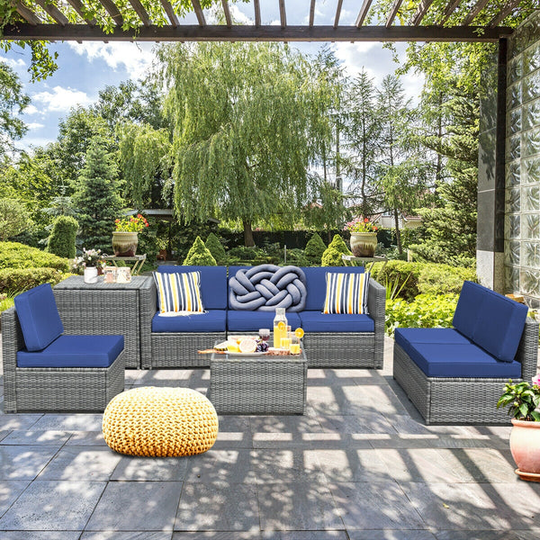 Including 6 sofas  1 storage box  1 coffee table  6 seat cushions and 6 back cushions <br>Sturdy iron frame and premium rattan for better durability <br>Large load-bearing capacity-- 360 lbs for each sofa and 110 lbs for coffee table <br>A storage box as 