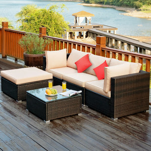 Including 1 armless sofa  2 corner sofas  1 ottoman  and 1 coffee table for a versatile use<br>Sturdy steel frame and durable PE rattan for long time use<br>4'' thick cushions to provide extraordinary comfort<br>Equipped with 2 extra soft pillows for bett