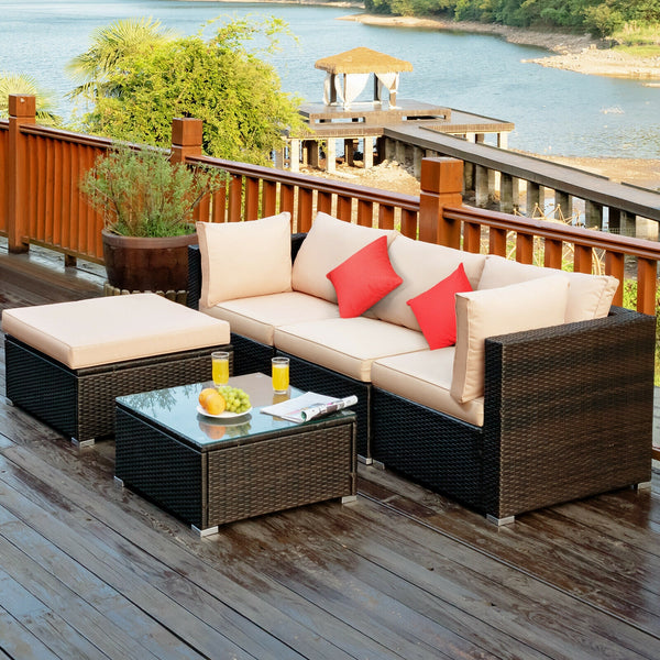 Including 1 armless sofa  2 corner sofas  1 ottoman  and 1 coffee table for a versatile use<br>Sturdy steel frame and durable PE rattan for long time use<br>4'' thick cushions to provide extraordinary comfort<br>Equipped with 2 extra soft pillows for bett
