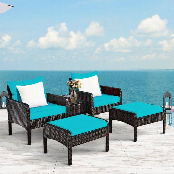 Includes 2 single chairs  2 ottomans and a side table<br>Heavy-duty metal frame with great sturdiness<br>All-weather PE rattan durable for outdoor use<br>Long-lasting tempered glass table smooth for wiping<br>3" thick cushions for excellent softness<br>Re
