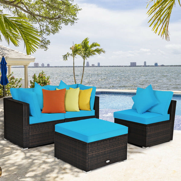 Includes 2 corner sofas  1armless table and 1 ottoman for versatile use<br>Sturdy powder-coated steel frame provides strong durability and stability<br>All-weather and wear-resistant PE rattan provides a long service life<br>Thick and soft sponge padded c