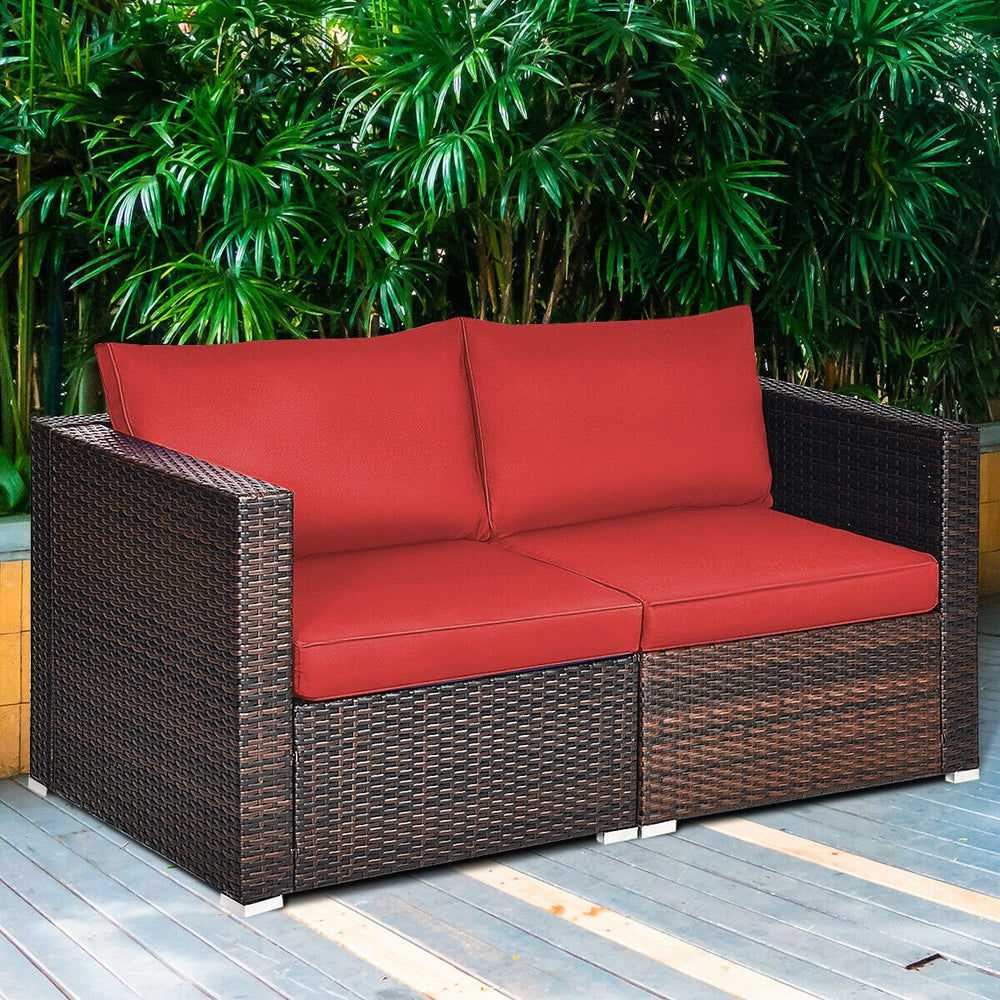 Power coated and solid steel frame adds sturdiness and durability<br>Tight and hand-woven rattan to withstand change of weather<br>2 of the corner sofas can be used separately<br>Aluminum foot pads protect bottom rattan from scratching<br>Wide armrest for