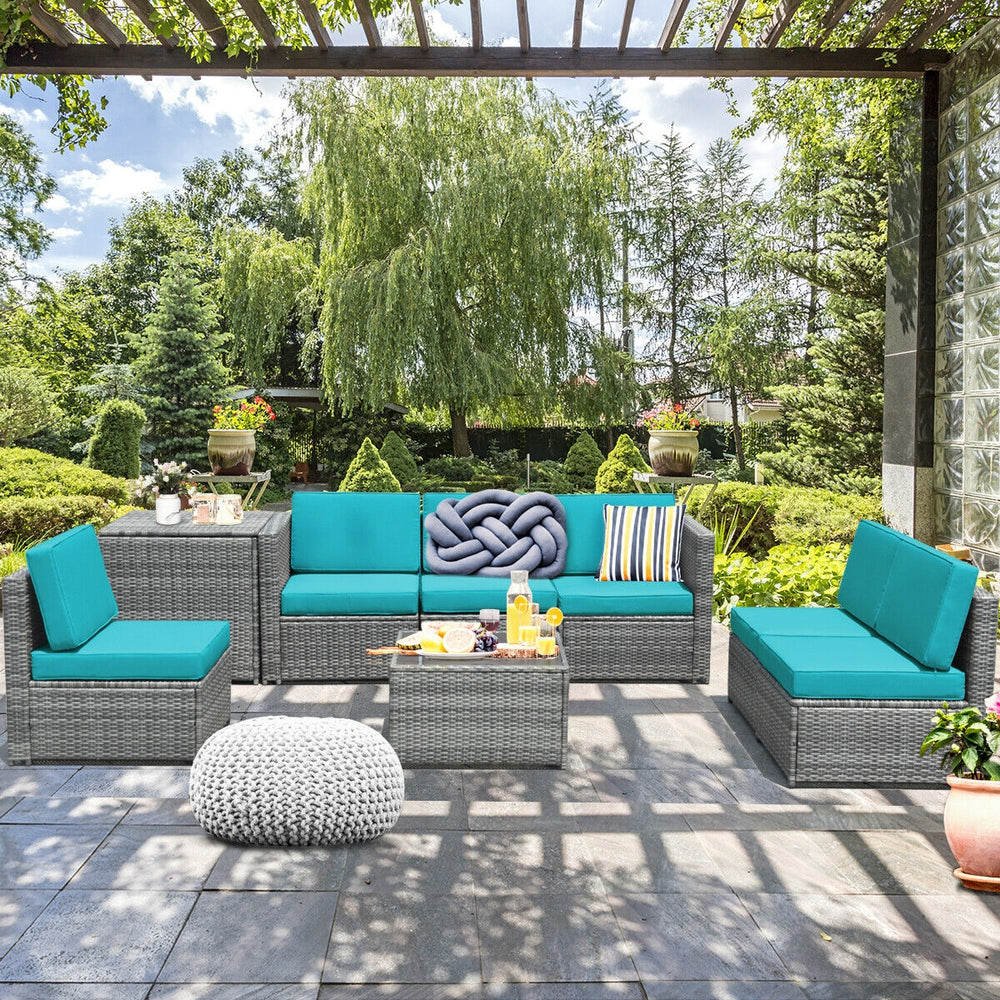 Including 6 sofas  1 storage box  1 coffee table  6 seat cushions and 6 back cushions <br>Sturdy iron frame and premium rattan for better durability <br>Large load-bearing capacity-- 360 lbs for each sofa and 110 lbs for coffee table <br>A storage box as 