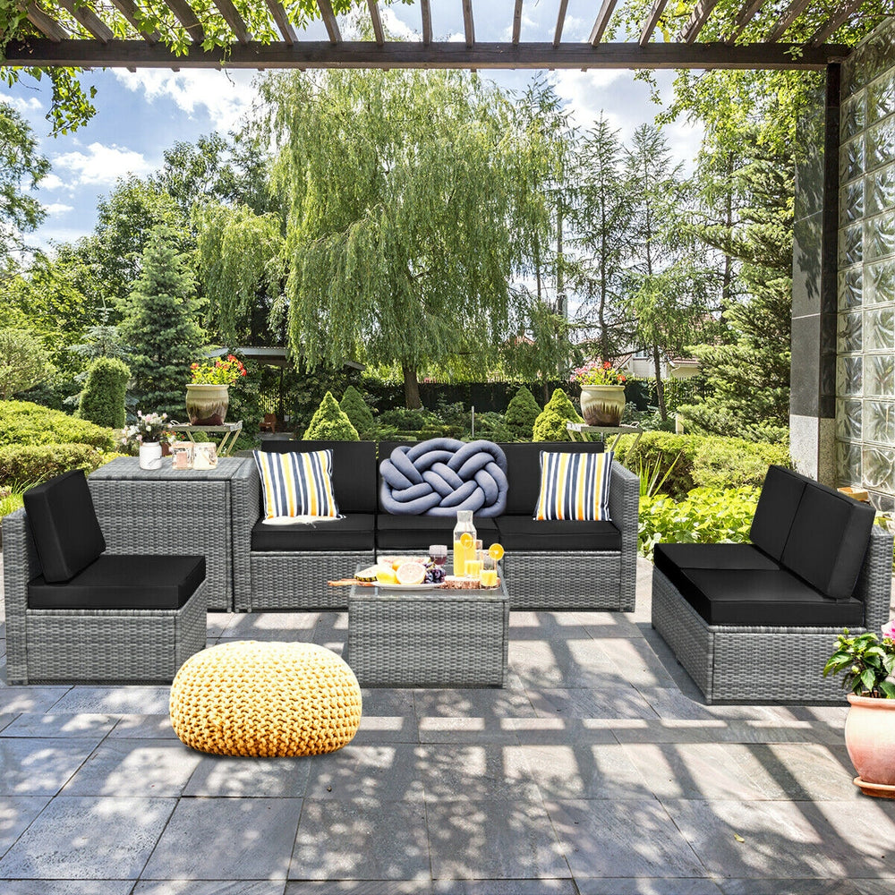 Including 6 sofas  1 storage box  1 coffee table  6 seat cushions and 6 back cushions <br>Sturdy iron frame and premium rattan for better durability <br>Large load-bearing capacity-- 360 lbs for each sofa and 110 lbs for coffee table <br>A storage box as 