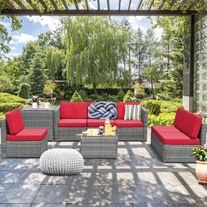 Including 6 sofas  1 storage box  1 coffee table  6 seat cushions and 6 back cushions <br>Sturdy iron frame and premium rattan for better durability <br>Large load-bearing capacity-- 360 lbs for each sofa and 110 lbs for coffee table <br>A storage box as 