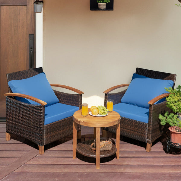 Made of tightly woven all-weather rattan to ensure durability<br>Acacia wood frame and thickened legs provide powerful support<br>The space-saving table can be used as an end table  side table  or coffee table<br>Thick cushions filled with premium sponge 