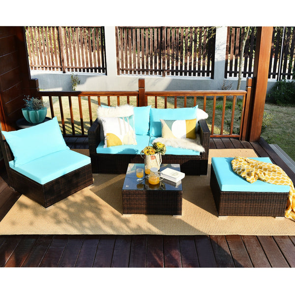 Package includes: 2 Corner chairs  1 Armless chair  1 Ottoman  1 Coffee table  4 Seat cushions  3 Back cushions  1 Instruction <br>Power-coated and solid steel frame adds sturdiness to the set <br>Tight and hand-woven rattan wraps the steel frame <br>Spac
