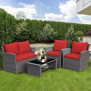 Includes 2 armchairs  1 loveseat and 1 coffee table for versatile use<br>Sturdy power coated steel frame provides strong durability and stability<br>Thick tempered glass tabletop to hold your drinks  meals and more<br>Coffee table with a spacious shelf pr