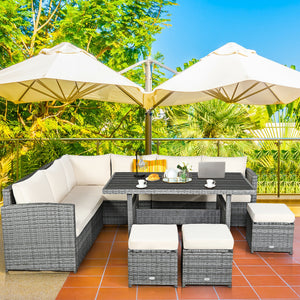 Packages include 3 loveseats  3 ottomans  1 table  6 seat cushions  7 back cushions  and instruction<br>Packages come in 4 boxes<br>Powder-coated steel structure provides strong durability and stability<br>All-weather and wear-resistant rattan ensures lon
