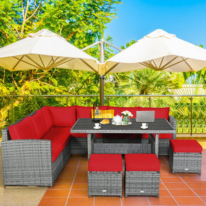 Packages include 3 loveseats  3 ottomans  1 table  6 seat cushions  7 back cushions  and instruction<br>Packages come in 4 boxes<br>Powder-coated steel structure provides strong durability and stability<br>All-weather and wear-resistant rattan ensures lon