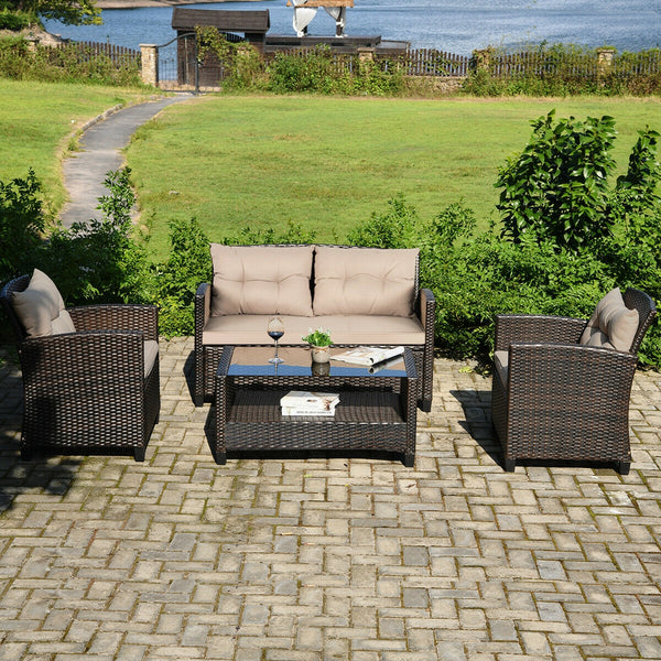 Consist of 2 single sofas  1 loveseat and a tea table <br>Ergonomics chair back and armrest shape design <br>Different combinations according to your needs <br>Sturdy steel frame  stable and not easy to shake <br>High quality PE rattan wicker  high-grade 