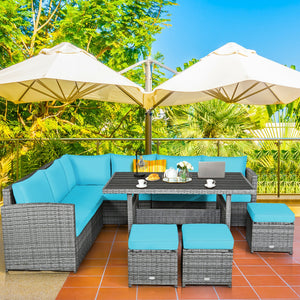 Packages include 3 loveseats  3 ottomans  1 table  6 seat cushions  7 back cushions  and instruction<br>Packages come in 4 boxes<br>Powder-coated steel structure provides strong durability and stability<br>All-weather and wear-resistant rattan ensures lon