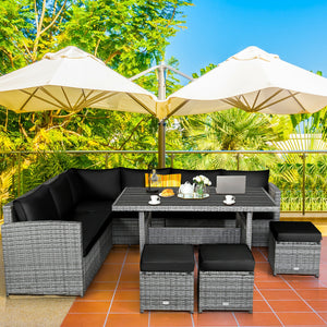 Packages include 3 loveseats  3 ottomans  1 table  6 seat cushions  7 back cushions  and instruction<br>Packages come in 4 boxes<br>Powder-coated steel structure provides strong durability and stability<br>All-weather and wear-resistant rattan ensures lon