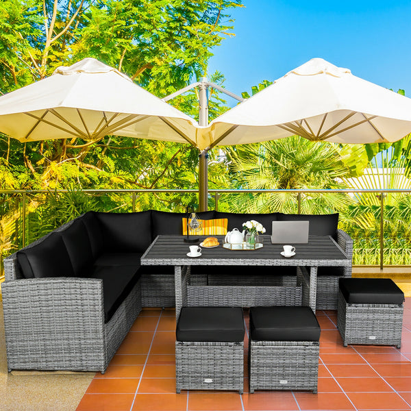 Packages include 3 loveseats  3 ottomans  1 table  6 seat cushions  7 back cushions  and instruction<br>Packages come in 4 boxes<br>Powder-coated steel structure provides strong durability and stability<br>All-weather and wear-resistant rattan ensures lon