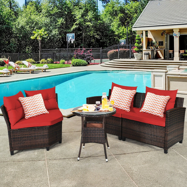 The sturdy and durable steel frame ensures sturdiness of the set<br>Tight and hand-woven rattan can withstand moderate rain or wind<br>Thick and soft cushion with a high-density sponge for your hip and back<br>Cover with the zipper of the seat cushion is 