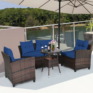 The sturdy and durable steel frame ensures sturdiness of the set<br>Tight and hand-woven rattan can withstand moderate rain or wind<br>Thick and soft cushion with a high-density sponge for your hip and back<br>Cover with the zipper of the seat cushion is 