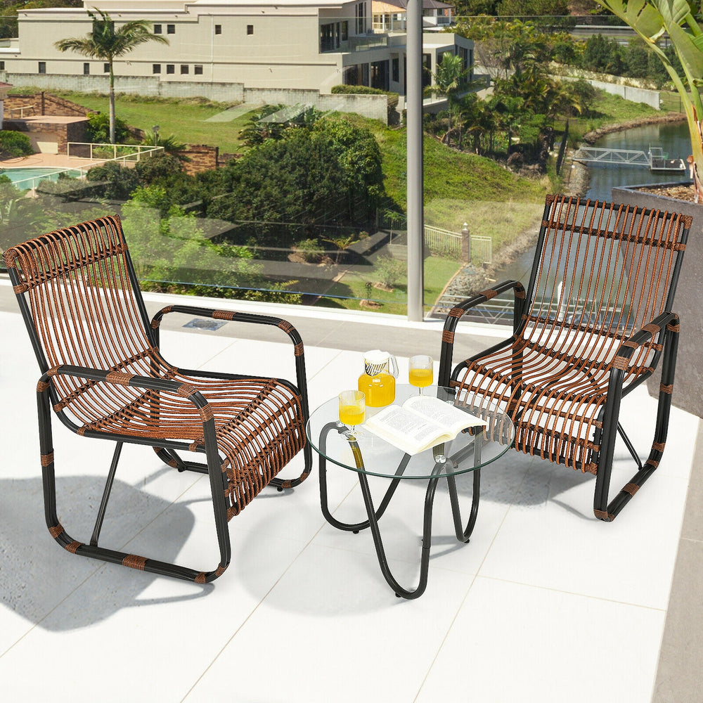 This patio furniture set includes 2 single chairs and a side table. You can place it on the patio  balcony  garden  poolside  or any other place in your home. Â  This wicker bistro set with a classic design will add a sense of elegance to your space. Sing