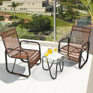 This patio furniture set includes 2 single chairs and a side table. You can place it on the patio  balcony  garden  poolside  or any other place in your home. Â  This wicker bistro set with a classic design will add a sense of elegance to your space. Sing