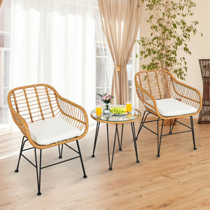 Premium wicker ensures high resistance to weather/sunlight/water<br>Heavy-duty steel frame with rust-resistant powder coated surface<br>High density sponge padded cushions provide great comfort<br>Tempered glass tabletop to place small decor  snacks and d