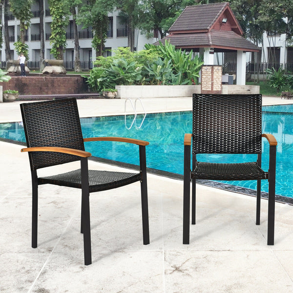 Dive into a rollicking good time with this patio rattan chairs! Â  The patio chairs come with mix-brown rattan weaving and rust-proof galvanized steel outline that hand over trendy outdoor collections with lasting quality. The stackable feature makes stor