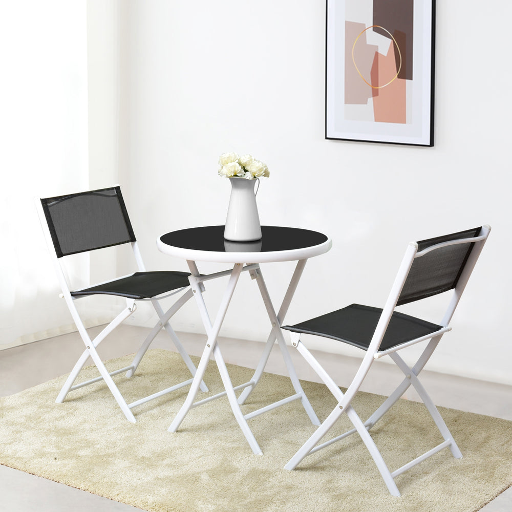 High quality and brand new<br>Including 2 chairs  and 1 coffee table with glass top<br>Durable textile fiber material<br>Sturdy steel frame<br>Folding frame make it convenient to store and move<br>The reinforced glass table top greatly increases the durab