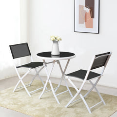 High quality and brand new<br>Including 2 chairs  and 1 coffee table with glass top<br>Durable textile fiber material<br>Sturdy steel frame<br>Folding frame make it convenient to store and move<br>The reinforced glass table top greatly increases the durab