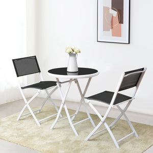 High quality and brand new<br>Including 2 chairs  and 1 coffee table with glass top<br>Durable textile fiber material<br>Sturdy steel frame<br>Folding frame make it convenient to store and move<br>The reinforced glass table top greatly increases the durab